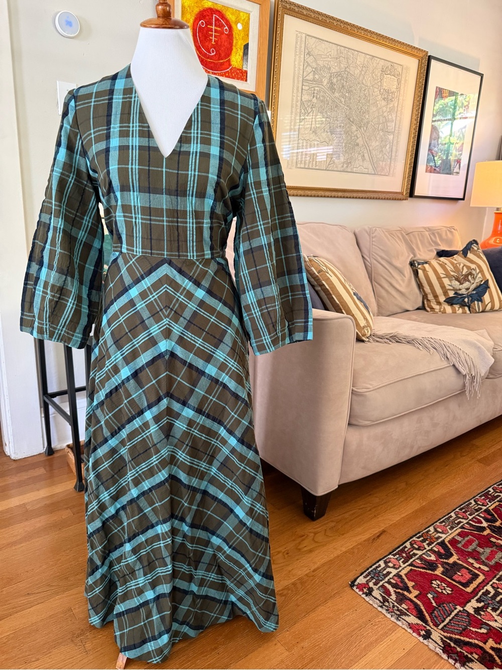 TOAST Astrid Seersucker Green & Teal Plaid V-Neck Midi Dress UK14 - Picture 2 of 7